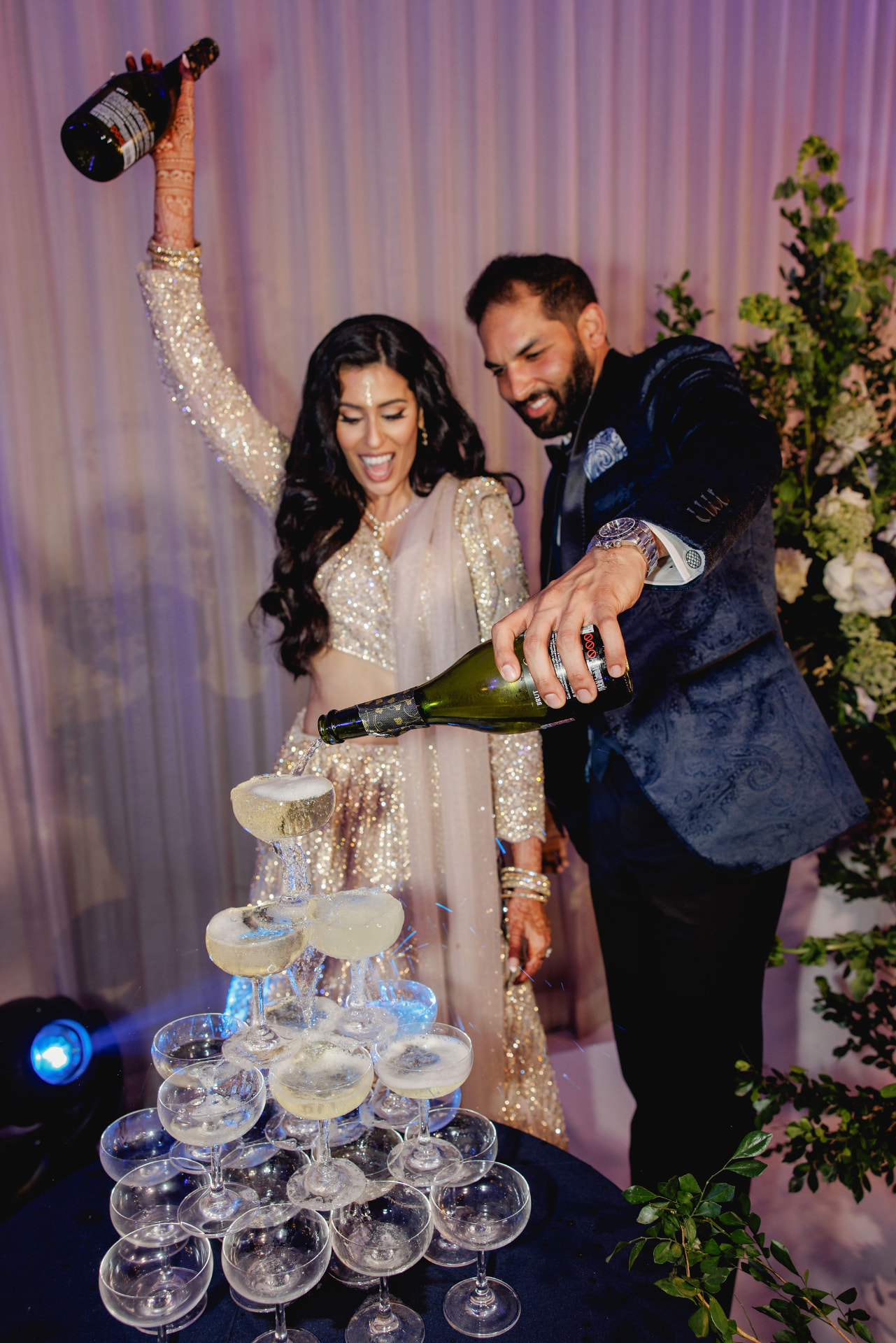 Champagne tower and celebration in the evening